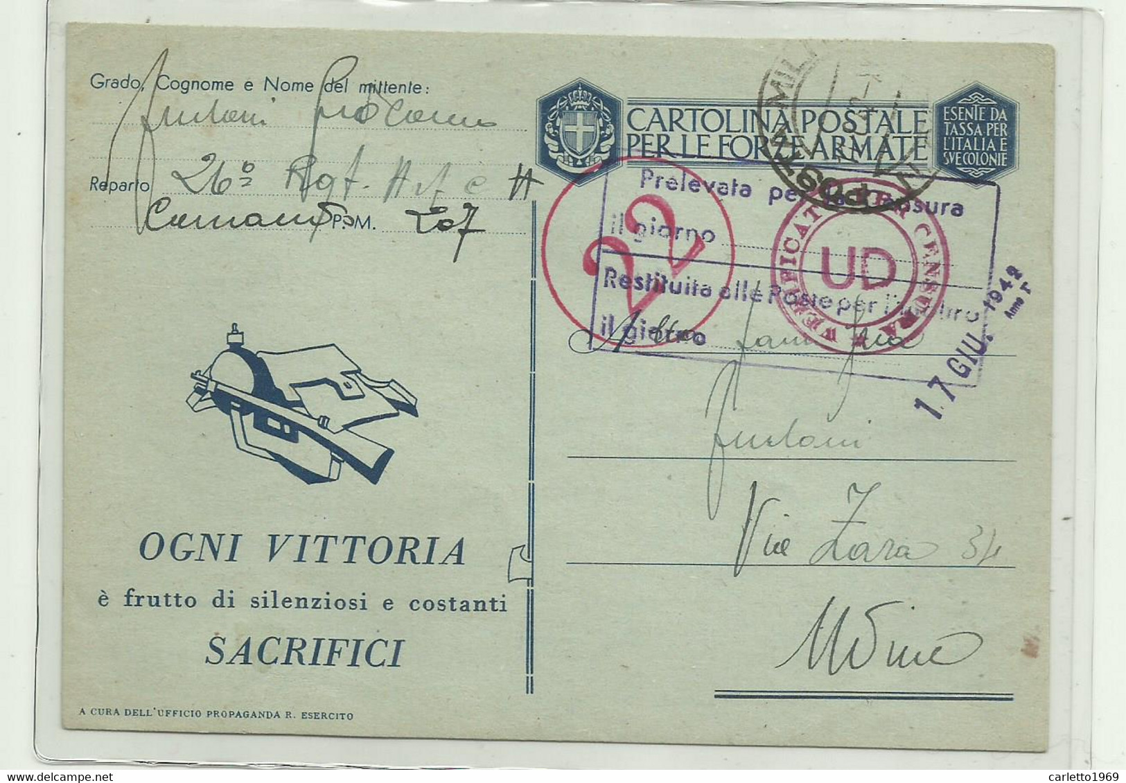 CARTOLINA FORZE ARMATE 26 RGT POSTA MILITARE 207  - ANNO  1942 - Portofreiheit