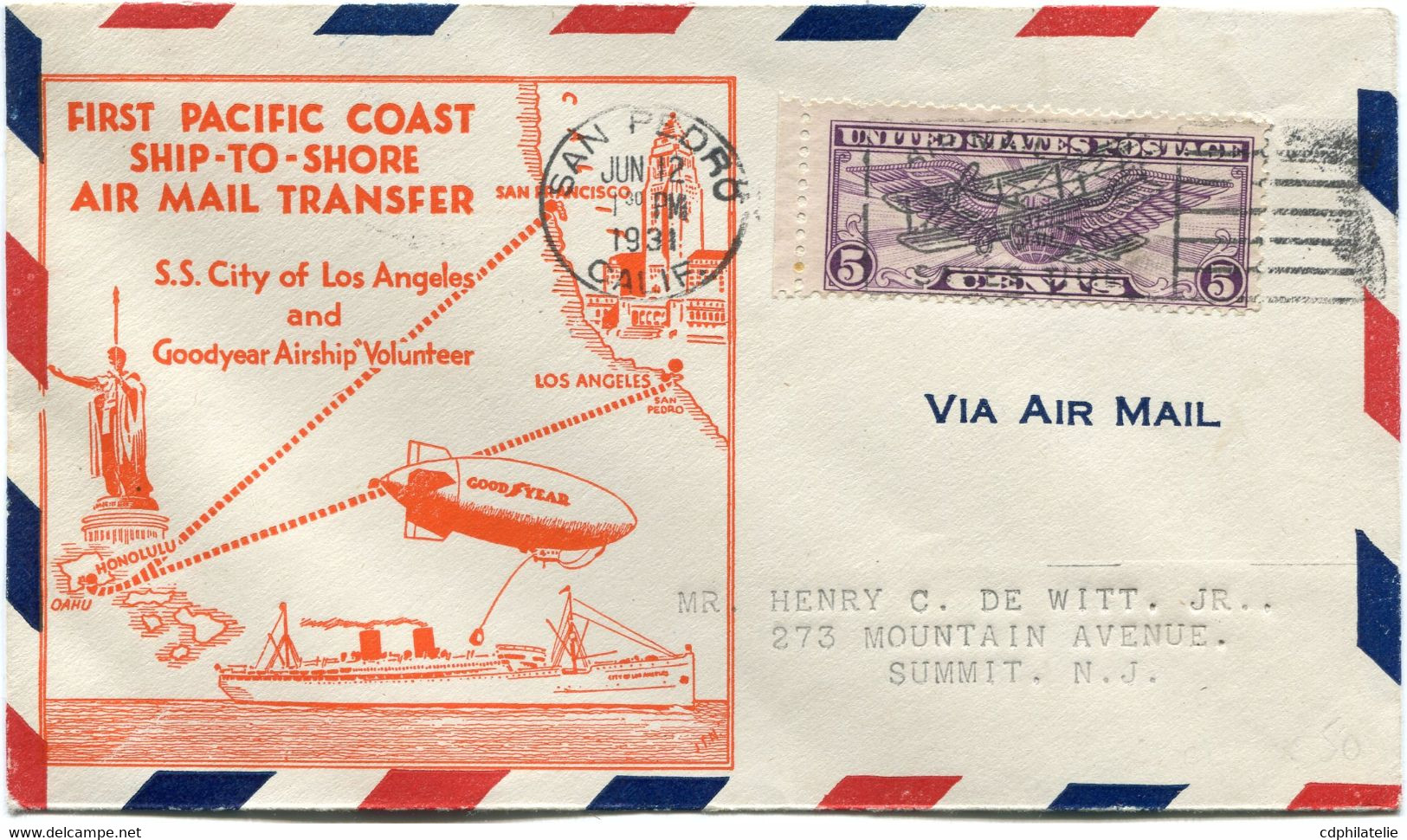 ETATS-UNIS LETTRE AVEC CACHET ILLUSTRE "FIRST PACIFIC COAST SHIP-TO-SHORE AIR MAIL TRANSFER S.S. CITY OF LOS ANGELES.." - Other & Unclassified