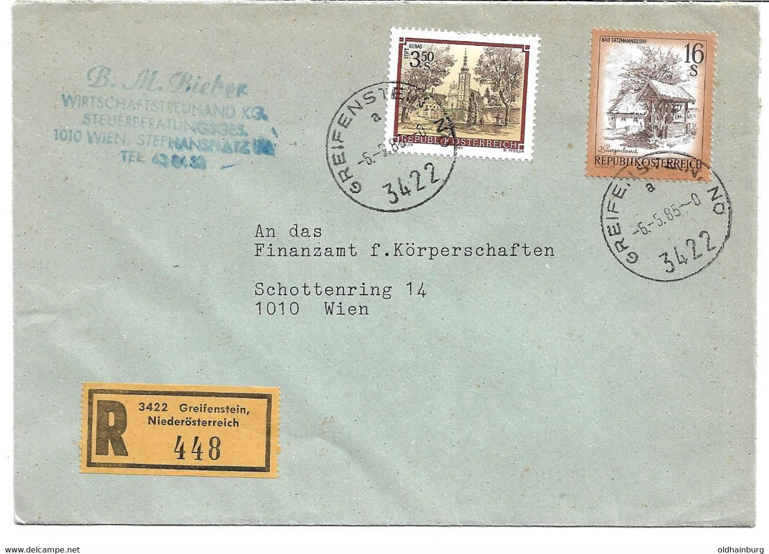 2007y: Rekobrief 3422 Greifenstein Ans Finanzamt Nach Wien, Gelaufen 1985 - Tulln