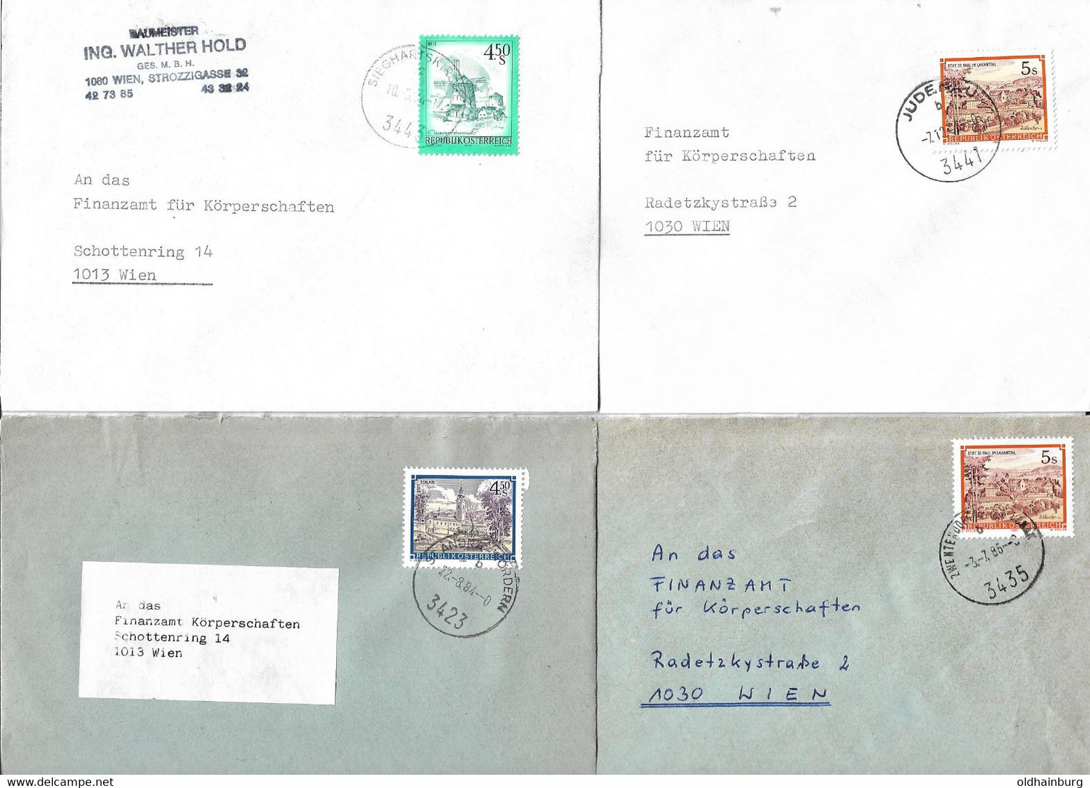 2007z: Vier Briefbelege Verschiedene Orte Bezirk Tulln Ans Finanzamt Nach Wien, Gelaufen Ca. 1985 - Tulln
