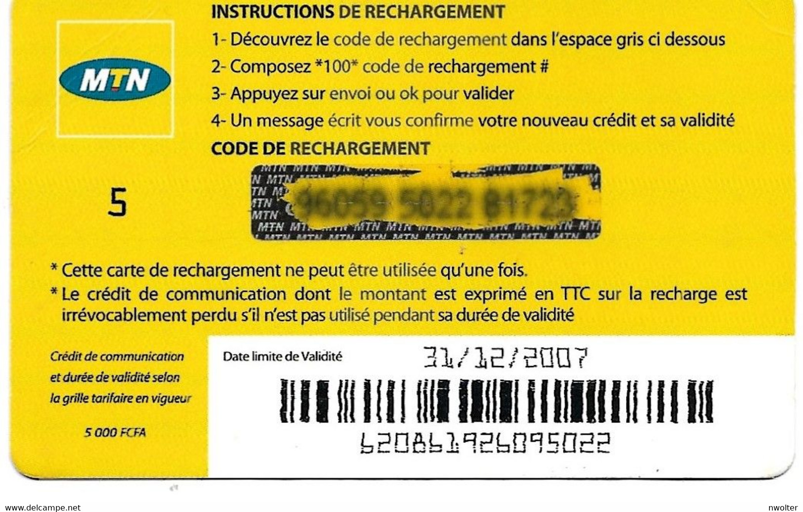 @+ Cote D'Ivoire - Recharge GSM MTN 5000 FCFA - Côte D'Ivoire