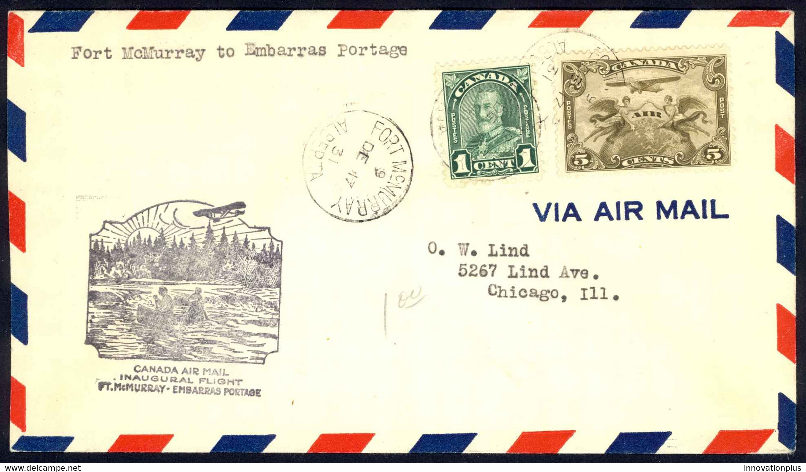 Canada Sc# C1, 163 First Flight Cover (Fort McMurray,Alta>Embarras Portage,Alta) 1931 12.17 - Premiers Vols