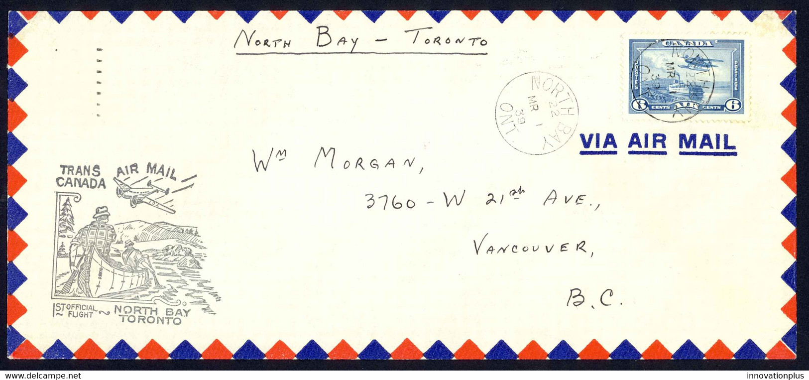 Canada Sc# C6 First Flight Cover (North Bay,Ont>Toronto,Ont) 1939 3.1 Trans Canada Air Mail - Premiers Vols