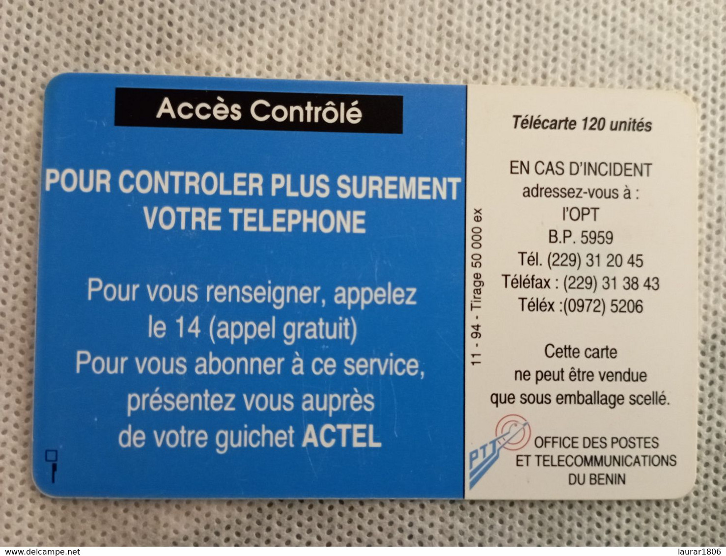 TELECARTE PHONECARD BENIN - PTT - "ACCES CONTROLE" - 120 Unités - EC - Benin