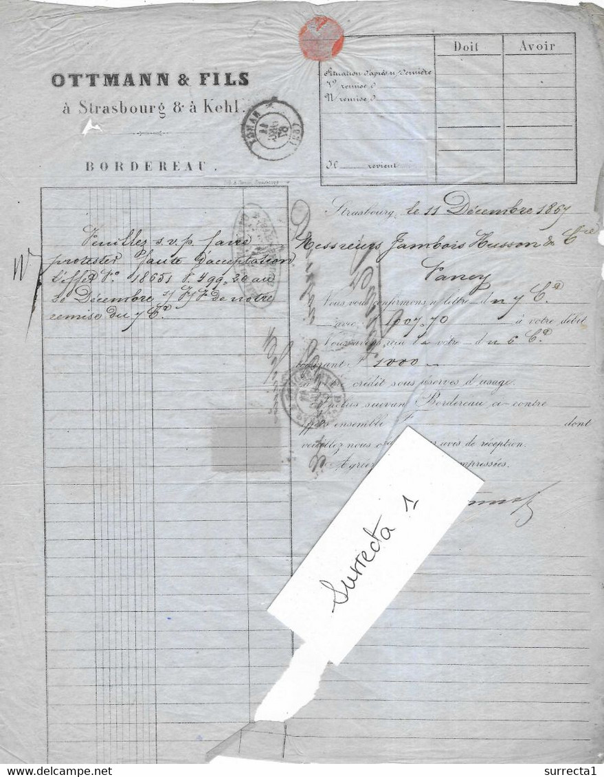 1867 Facture Banque OTTMANN & Fils à Strasbourg Et Kehl / Pour Jambois-Husson à Nancy 54 - Bank & Insurance