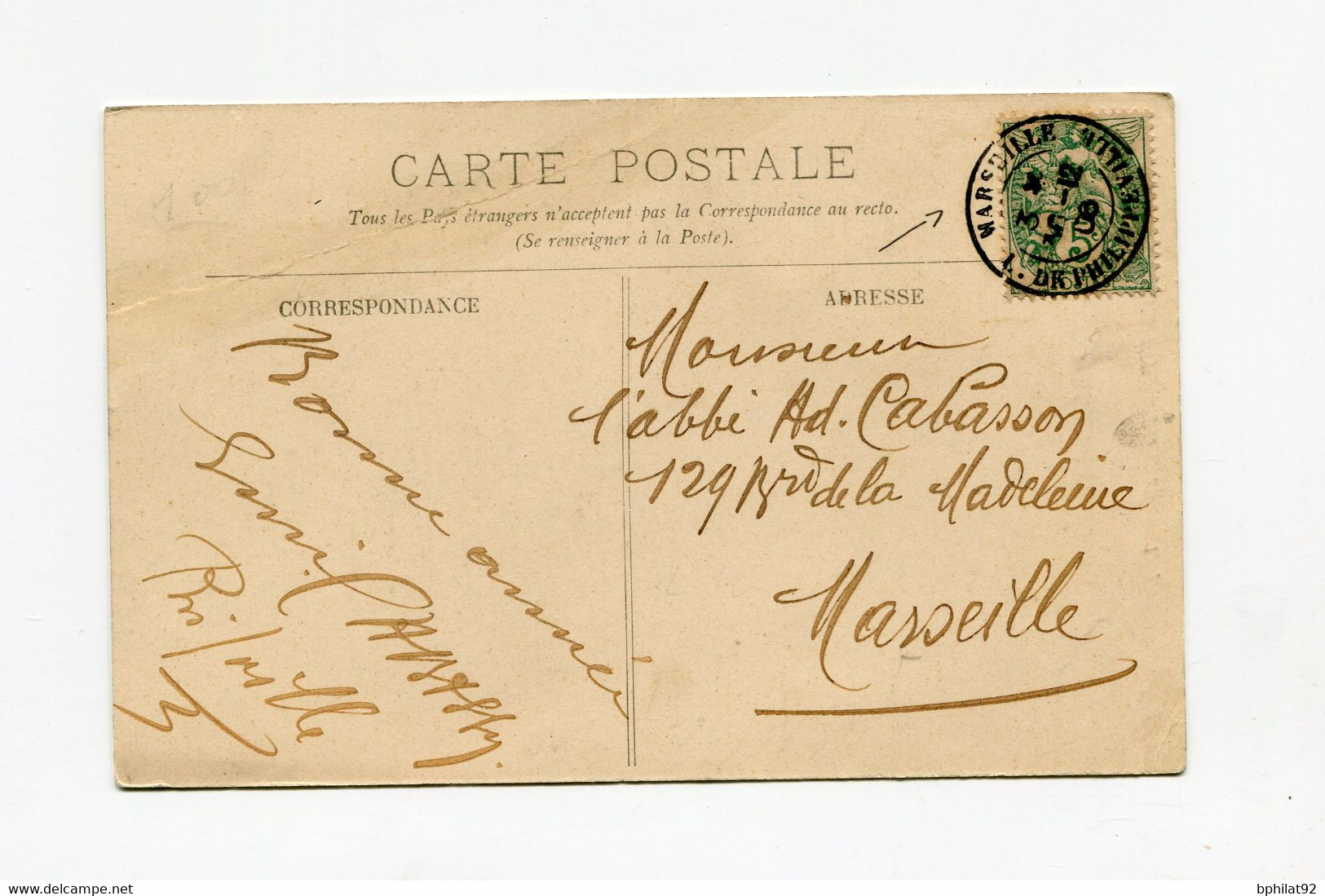 !!! 5C TYPE BLANC SUR CPA DE 1906, CACHET MARSEILLE - LIGNE DE PHILIPPEVILLE - 1900-29 Blanc