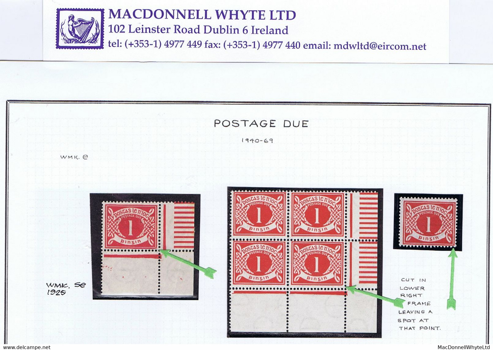 Ireland 1925 Wmk Se 1d Var 'Broken Lower Right Corner' Of R10/6, Corner Marginal, Plus Wmk E Corner Block + Single - Postage Due