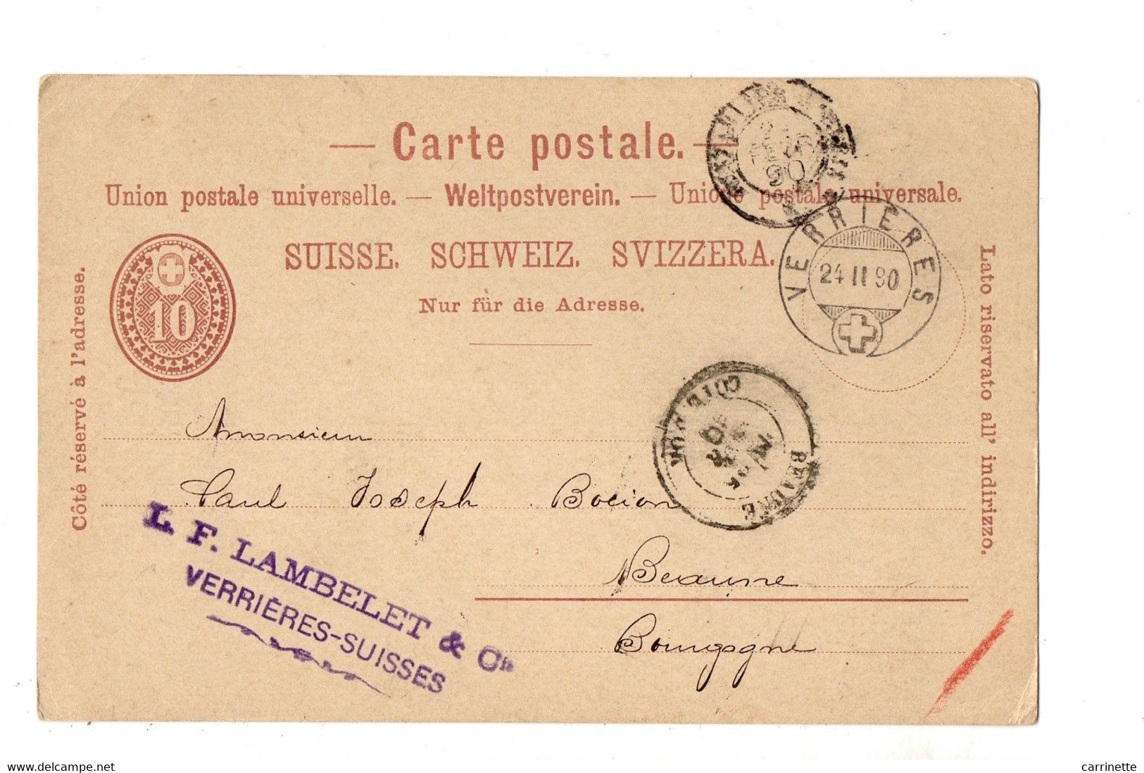 SUISSE - Entier Postal - Carte Postale 1890 - L.F. LAMBELET à Verrières - Les Verrières