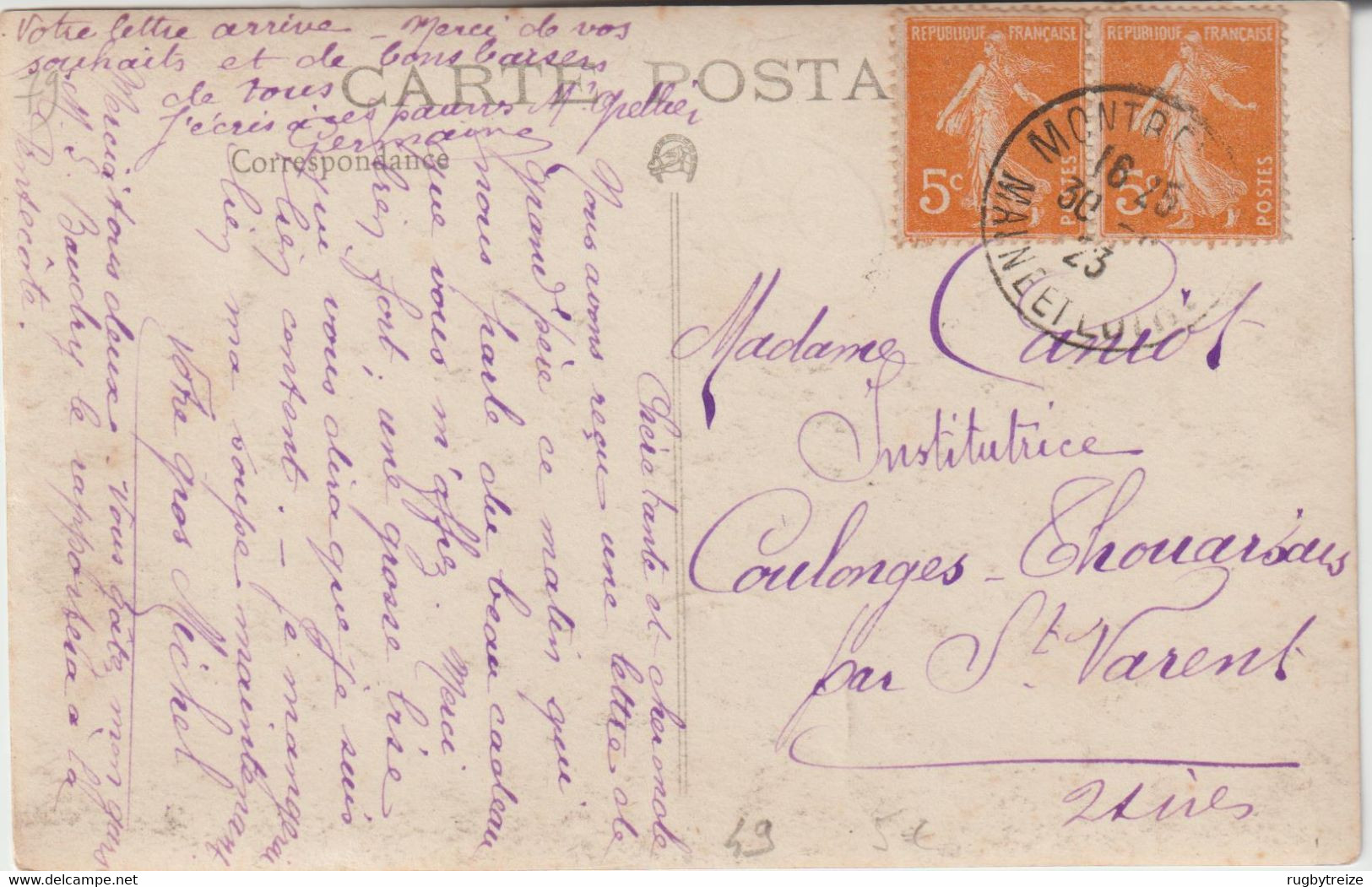 5069 Montrevault Sur Evre Tirage Privé Famille CUSSONNEAU Pour CANIOT Institutrice à COULONGES THOUARSAIS 1923 - Montrevault