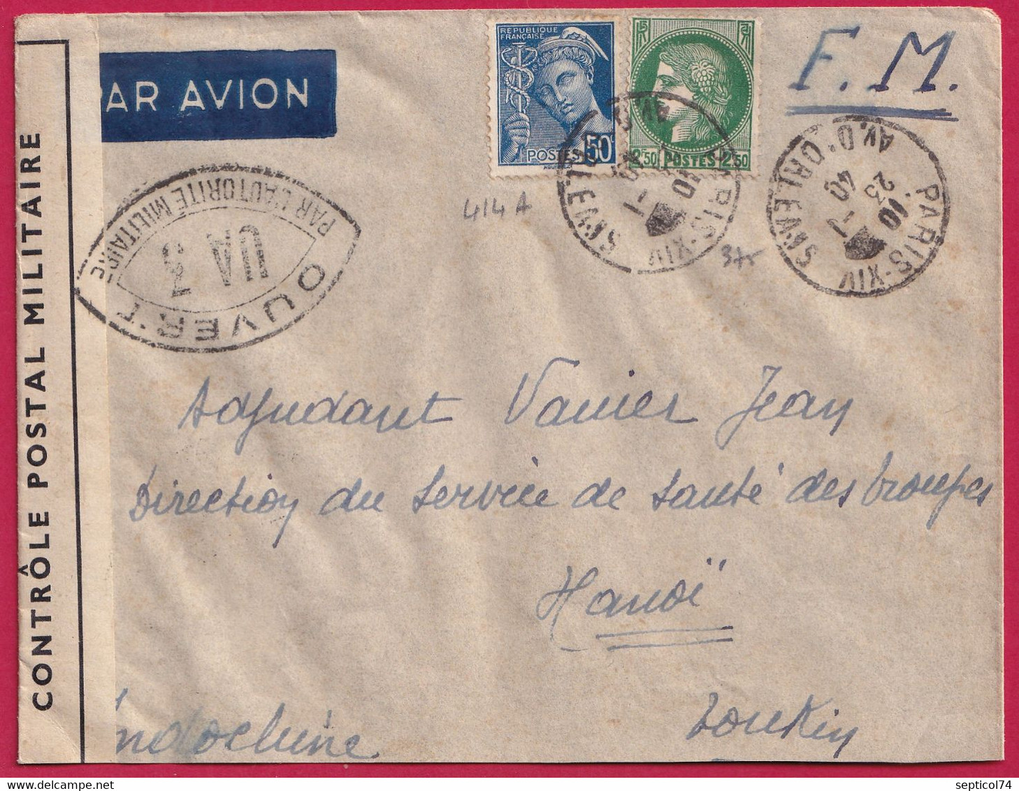 N°375 414A PARIS 1940 CENSURE UA3 POUR HANOI TONKIN LETTRE COVER FRANCE - WW II