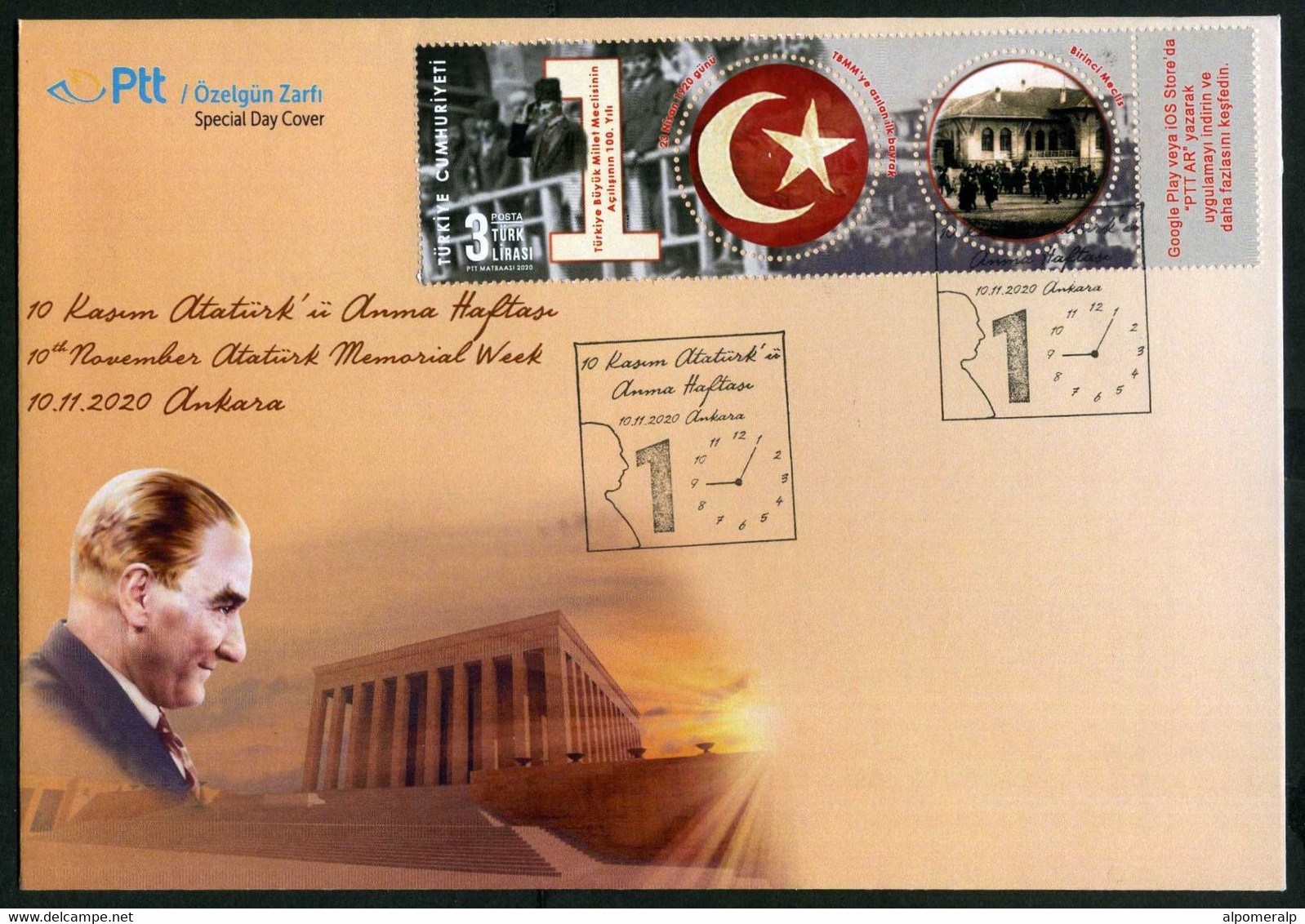 Türkiye 2020 10th November Atatürk Memorial Week | Clock, Special Cover - Covers & Documents