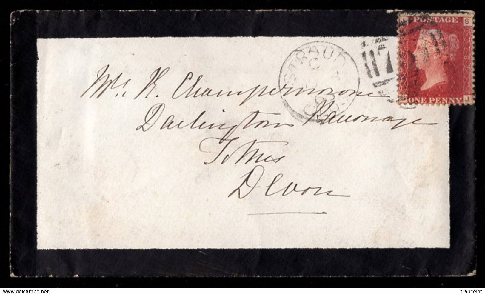 Great Britain (1863) Miniature Mourning Letter From Stroud To Devon Franked With Penny Red. - Brieven En Documenten