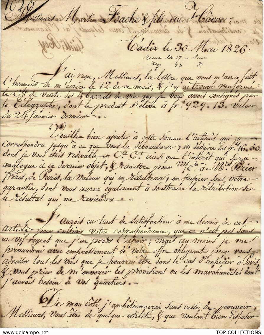 1826 COMMERCE NEGOCE NAVIGATION Compagnie  INDES ESPAGNOLES De Cadiz Cadix Par G.Rey  Foache Armateur Esclavage Le Havre - Documents Historiques