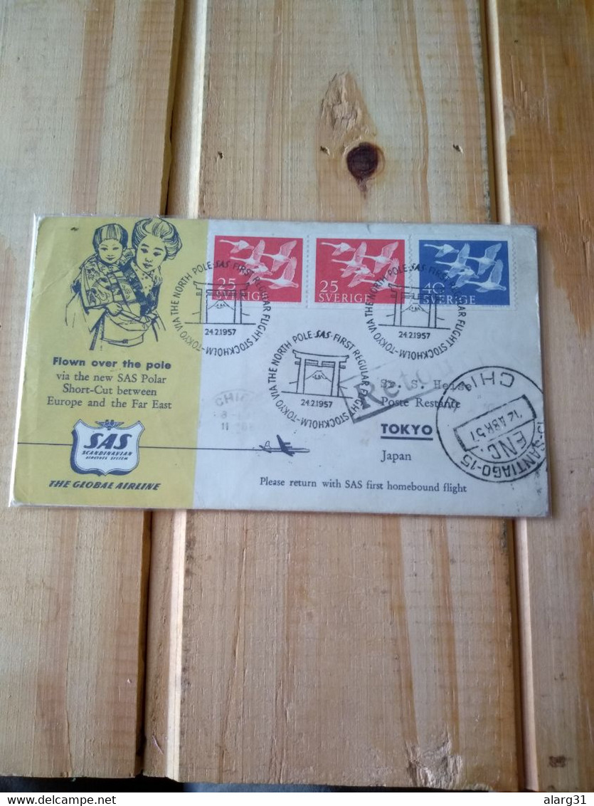 SAS.flight Over The North Pole.stockholm.tokyo Via The North Pole.1957 .posted To Chile.e7 Postage Reg Letter.commems . - Autres & Non Classés