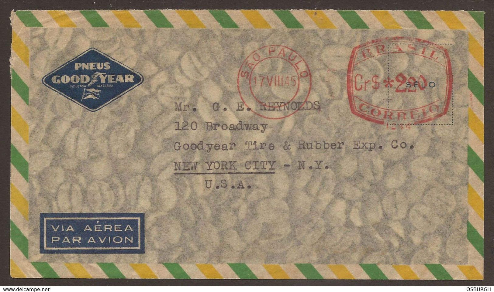 BRAZIL. 1945. COMMERCIAL AIR MAIL COVER. 220r RED METER CANCEL. GOODYEAR. - Covers & Documents