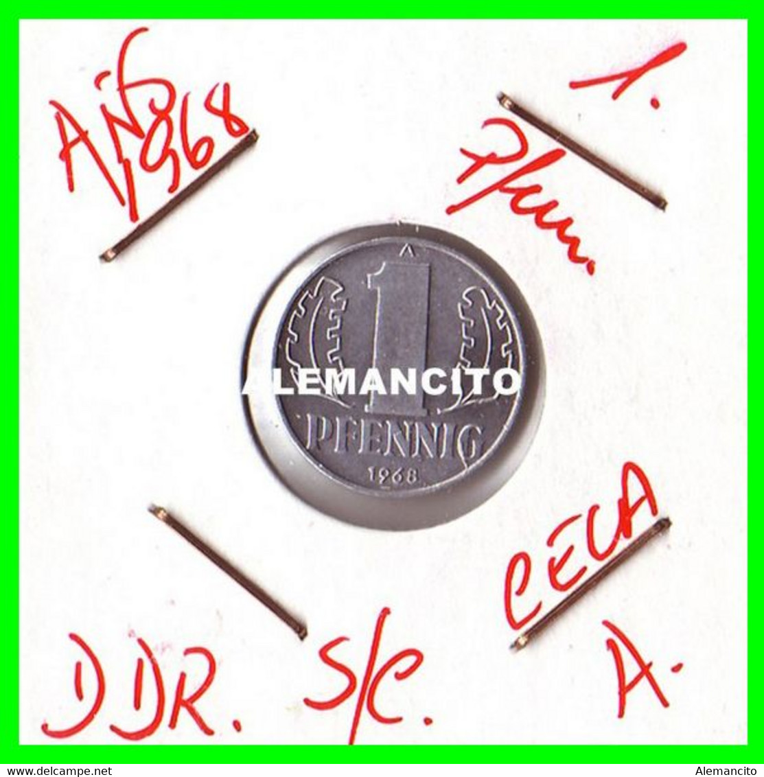 ( REPUBLICA ) REPUBLICA DEMOCRATICA DE ALEMANIA AÑO 1968  ( DDR ) MONEDAS DE 1 PFENNING  CECA-A MONEDA DE ALUMINIO S/C - 1 Pfennig