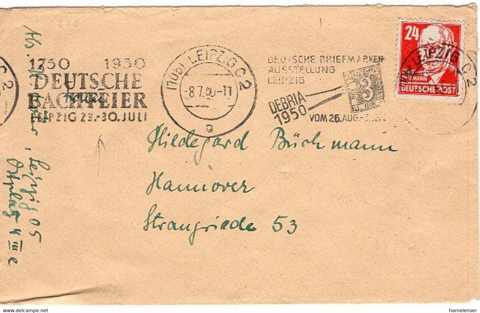 50921 - DDR - 1950 - 24Pfg. Thaelmann EF A. Bf. LEIPZIG - DEUTSCHE BACHFEIER / DEBRIA 1950 -> Westdeutschland - Musique