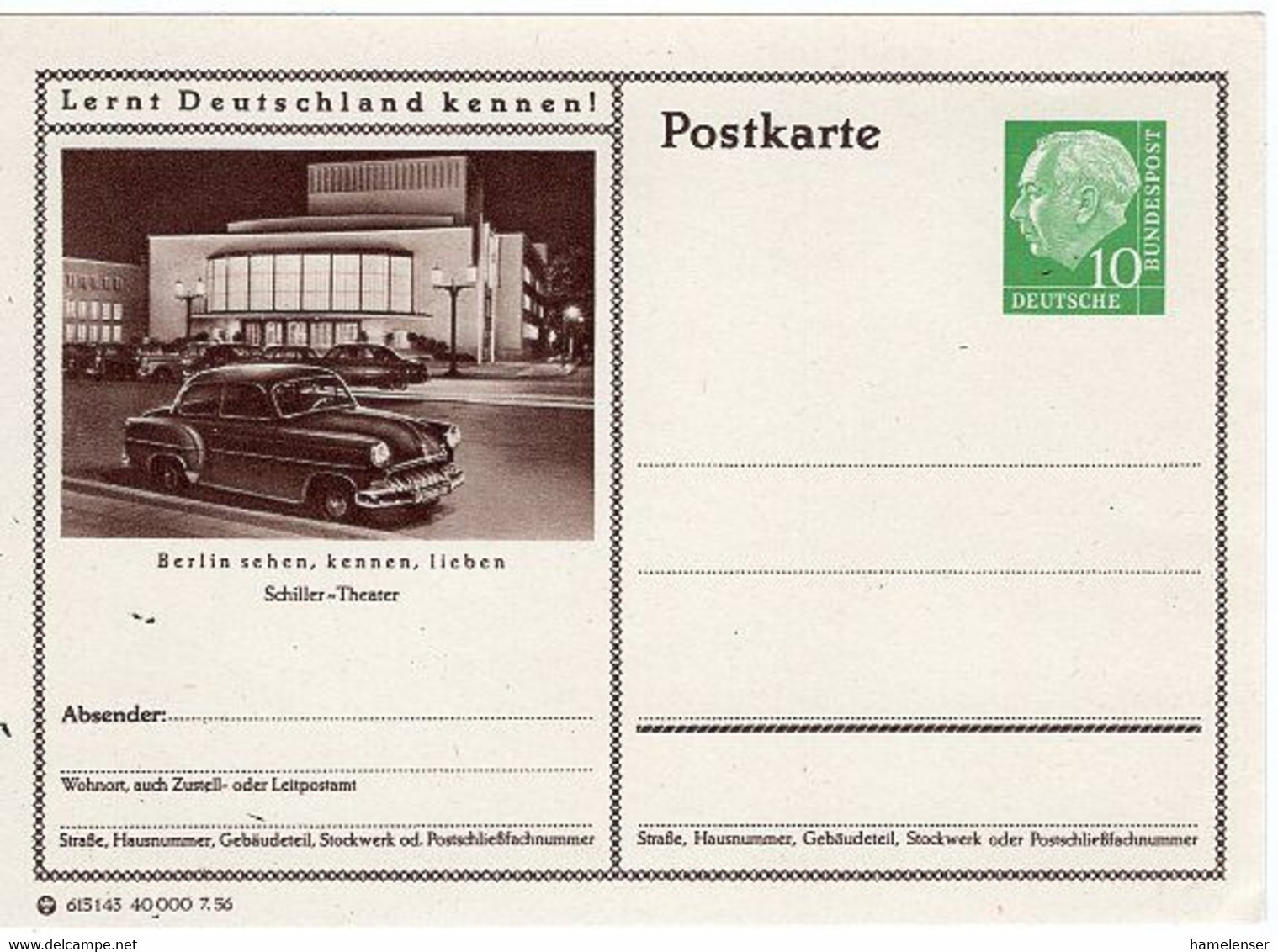 50922 - Bund - 1956 - 10Pfg. Heuss I GA-BPK "Berlin Sehen, Kennen, Lieben - Schiller-Theater", Ungebr. - Cars