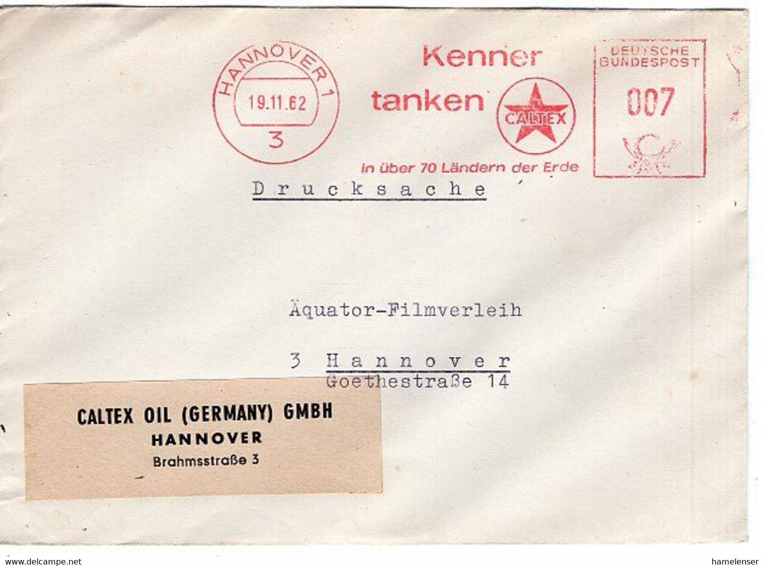 50923 - Bund - 1962 - 7Pfg. AbsFreistpl. HANNOVER - KENNER TANKEN CALTEX ... A. DrucksBf. -> Hannover - Fabbriche E Imprese