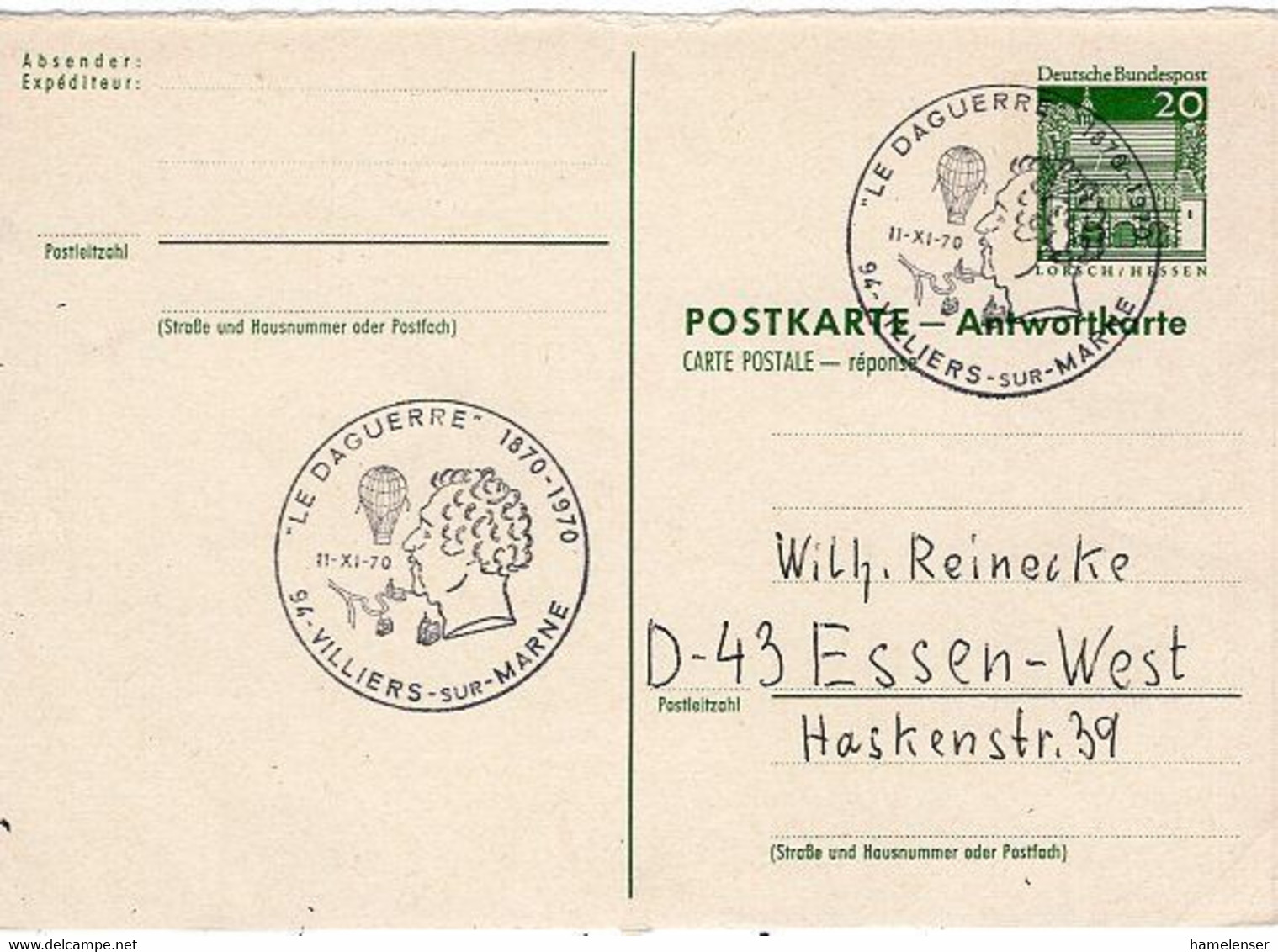 50928 - Frankreich - 1970 - SoStpl. VILLIERS - "LE DAGUERRE" 1870-1970 A. Dt. Antwort-GA-Kte. -> Essen - Post