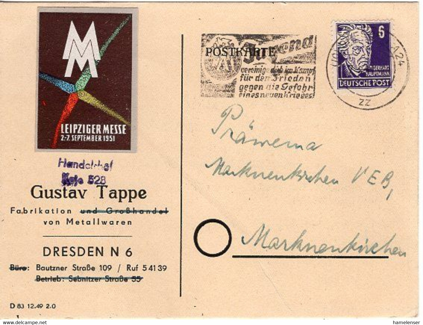 50938 - DDR - 1951 - 6Pfg. Hauptmann EF A. Kte. DRESDEN - JUGEND VEREINIGE DICH IM KAMPF ... -> Markneukirchen - Lettres & Documents