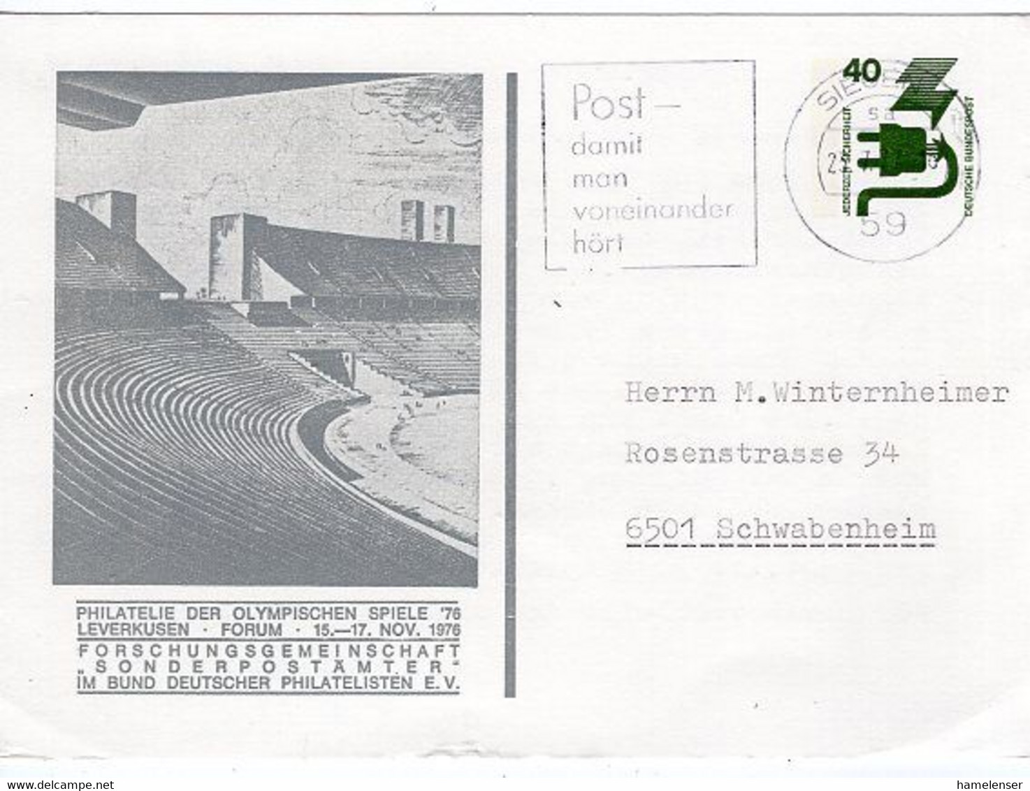 50942 - Bund - 1977 - 40Pfg. Unfall PGAKte. "Olympiade 1936 & 1976" SIEGEN -> Schwabenheim - Summer 1976: Montreal