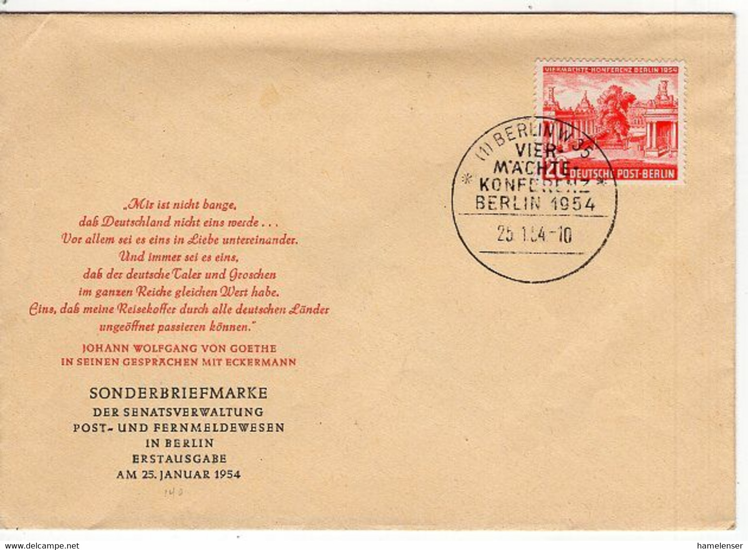 50976 - Berlin - 1954 - 20Pfg. Viermaechtekonferenz A. FDC BERLIN - Sonstige & Ohne Zuordnung