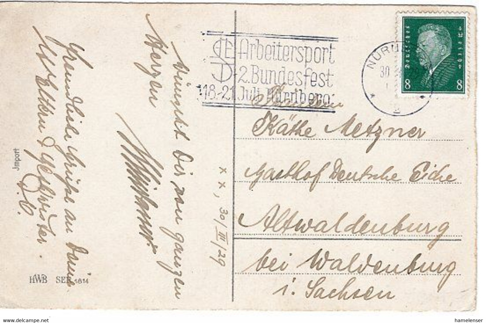 50979 - Deutsches Reich - 1929 - 8Pfg. Ebert EF A. AnsKte. NUERNBERG - ARBEITERSPORT 2. BUNDESFEST .... -> Altwaldenburg - Other & Unclassified