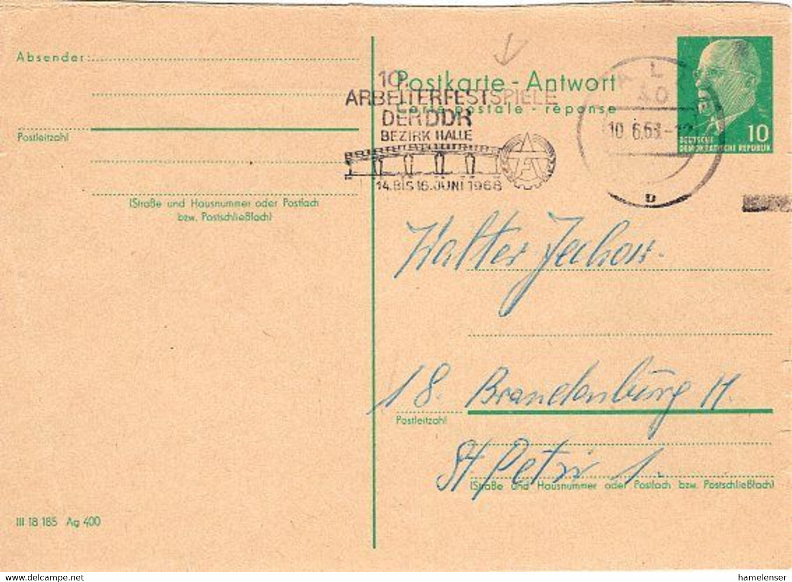 50985 - DDR - 1968 - 10Pfg. Ulbricht GA-Antwortkte. HALLE - 10. ARBEITERFESTSPIELE DER DDR ... -> Brandenburg - Covers & Documents