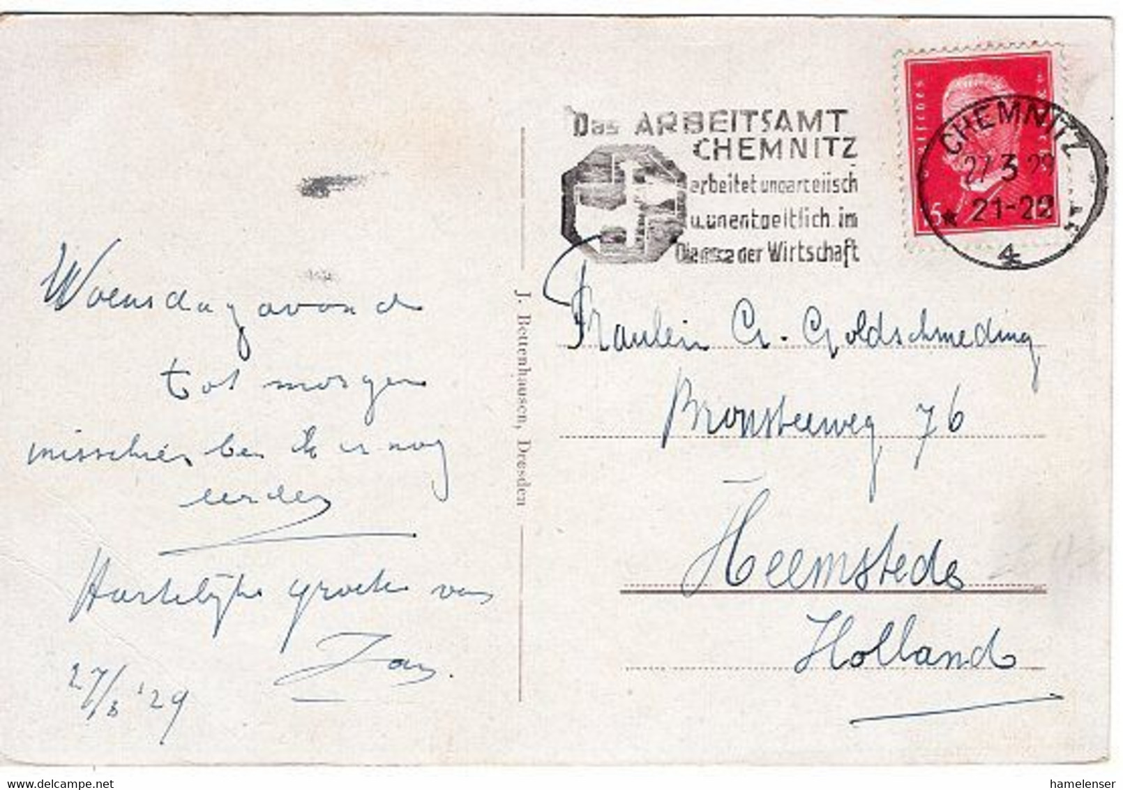 51005 - Deutsches Reich - 1929 - 15Pfg. Hindenburg EF A AnsKte CHEMNITZ - DAS ARBEITSAMT CHEMNITZ ... - Niederlande - Cartas & Documentos