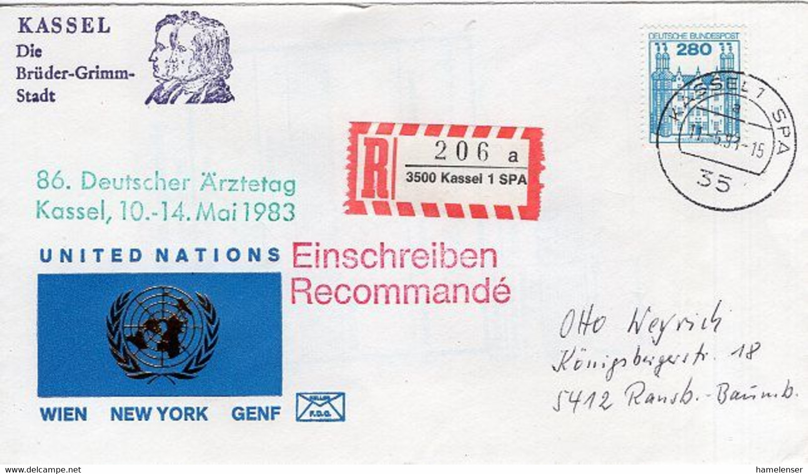 51025 - Bund - 1983 - 280Pfg. B&S EF A R-Bf KASSEL 1 SPA & "86. Deutscher Aerztetag" -> Ransbach-Baumbach - Medicine