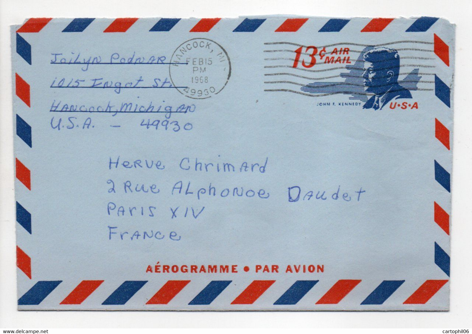 - Entier Postal HANCOCK (USA) Pour PARIS 15.2.1968 - JOHN F. KENNEDY - - 1961-80