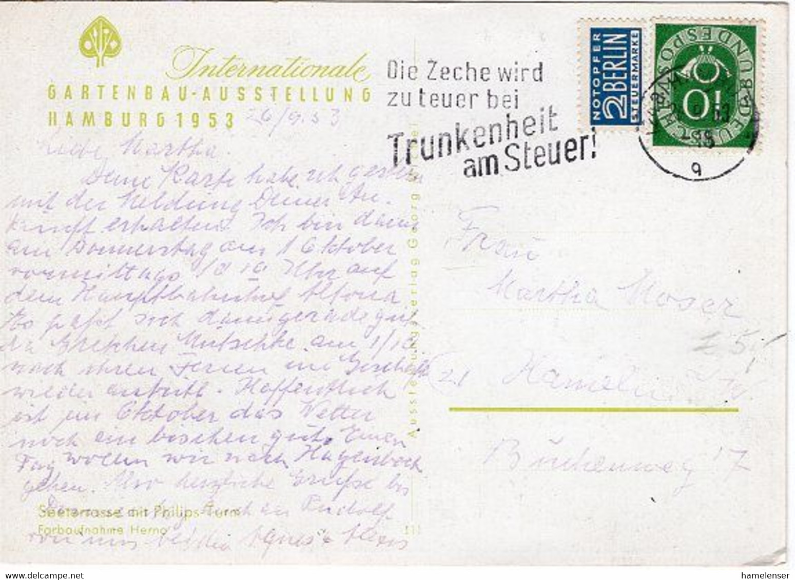 51028 - Bund - 1953 - 10Pfg. Posthorn EF A AnsKte HAMBURG - ... TRUNKENHEIT AM STEUER -> Hameln - Autres & Non Classés