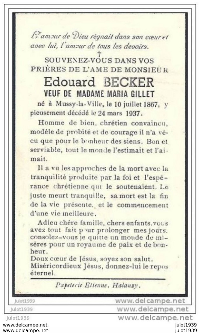 MUSSY ..-- Mr Edouard BECKER , Veuf De Mme Maria Gillet . Né En 1867 . Décédé En 1937 , à MUSSY . - Musson