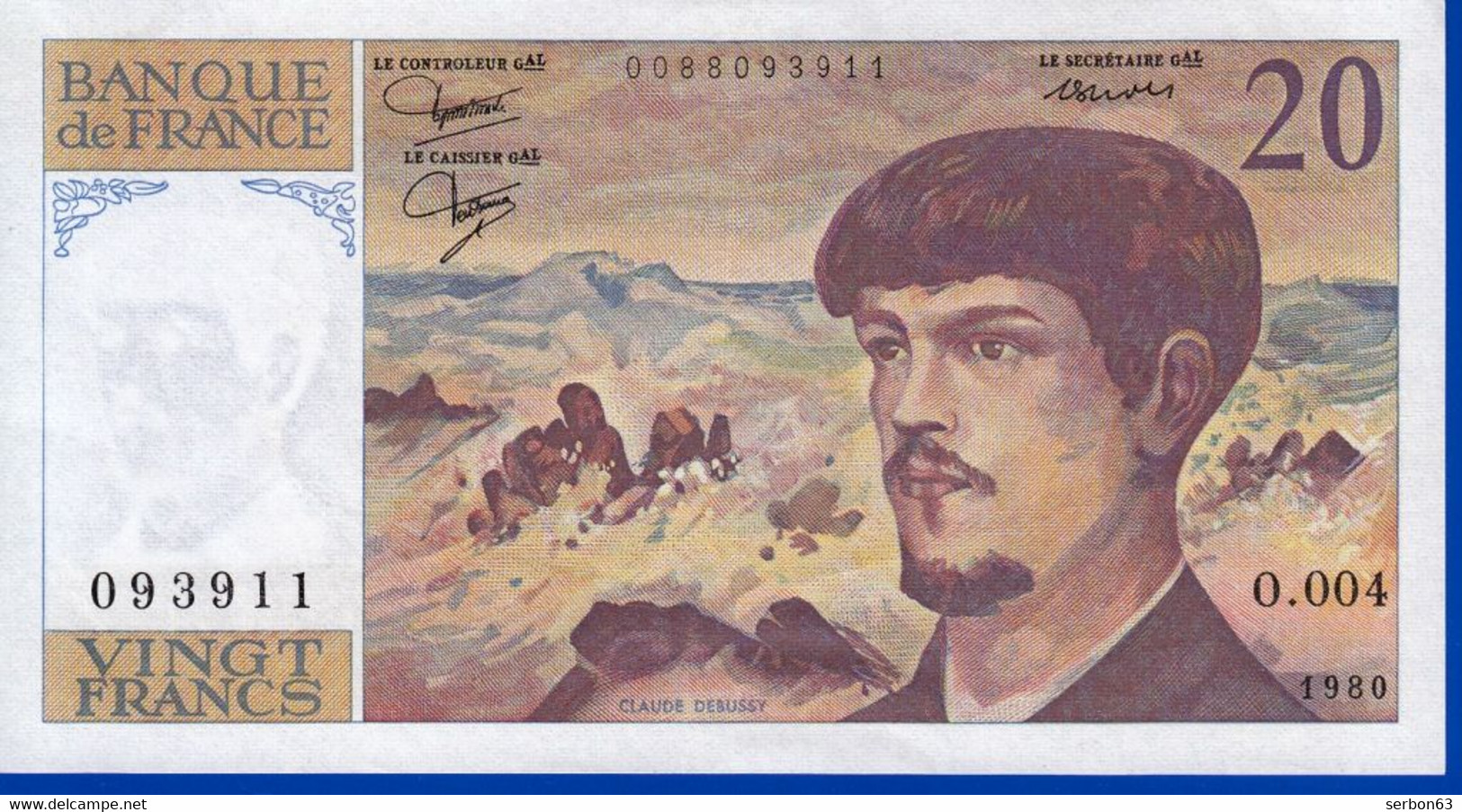 20 FRANCS DEBUSSY PR. NEUF PAS DE TROU PLIS VERTICAL O.004 N°093911 ANNÉE 1980 - 2 SCANS - Serbon63 - 20 F 1980-1997 ''Debussy''