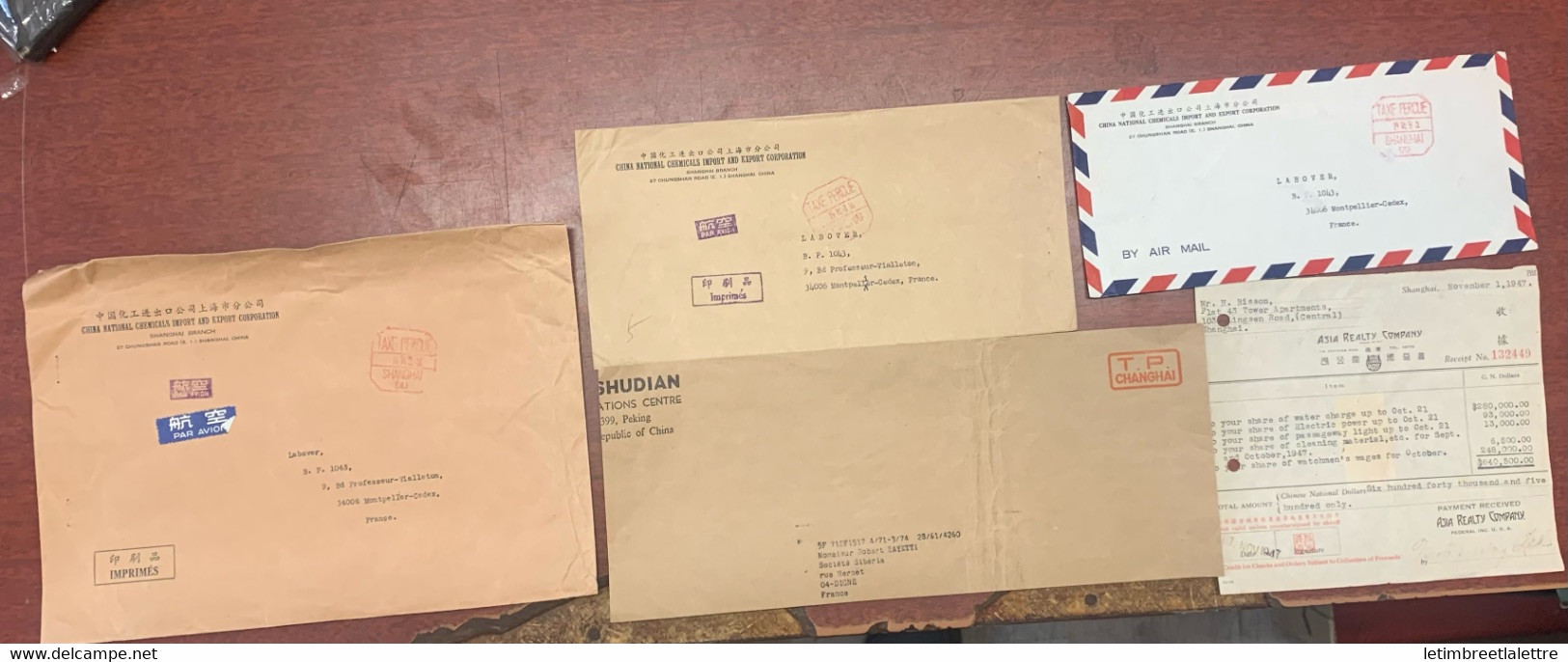⭐ Chine - Lot De 4 Enveloppes Et 1 Doc - Lettre De Shanghaï Pour La France - Taxe Perçue ⭐ - Covers & Documents