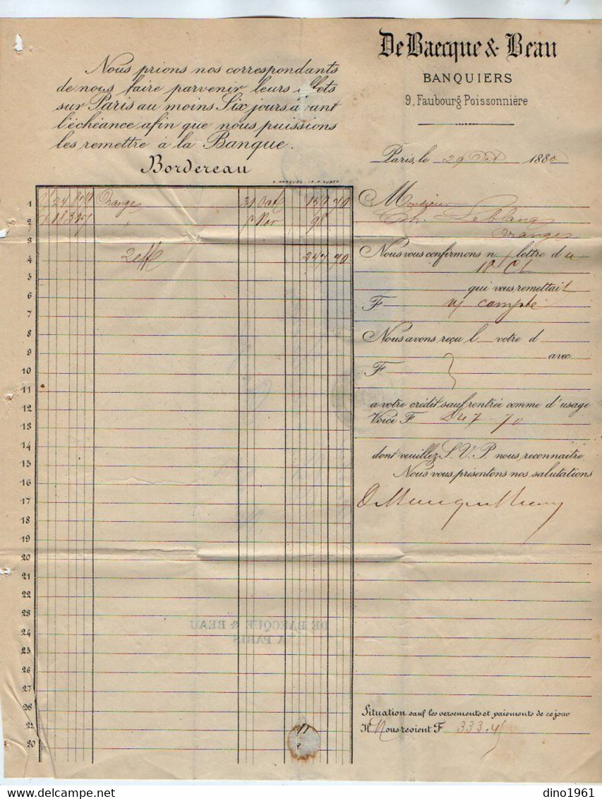 VP19.180 - 1880 - Lettre / Bordereau - DE BAECQUE & BEAU Banquiers à PARIS Pour ORANGE - Banco & Caja De Ahorros