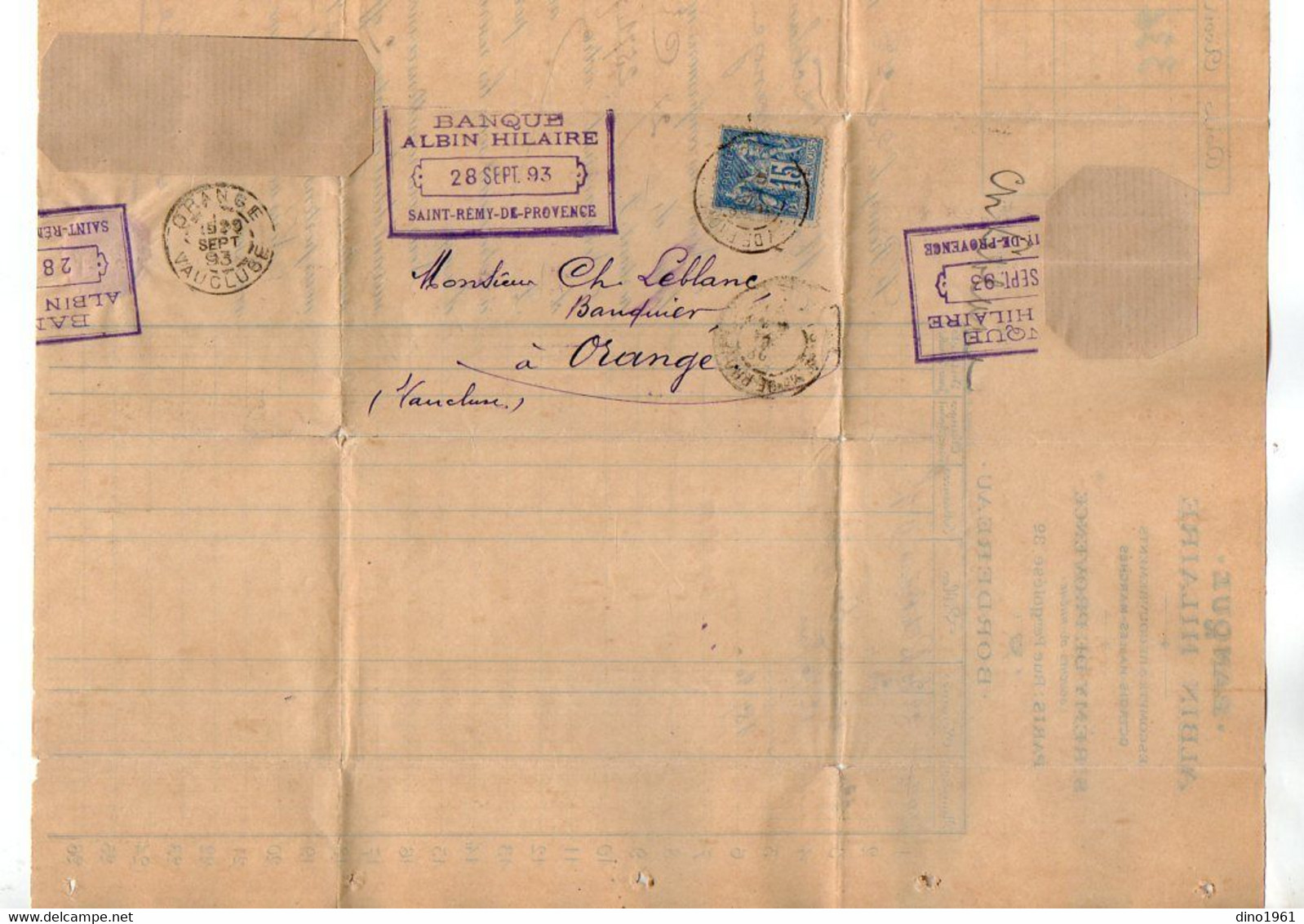VP19.181 - 1893 - Lettre / Bordereau - Banque Albin HILAIRE à SAINT REMY DE PROVENCE & PARIS Pour ORANGE - Banque & Assurance