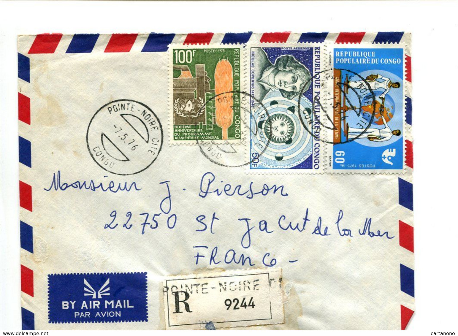 CONGO Pointe Noire 1976  - Affranchissement Sur Lettre Recommandée Par Avion Pour La France - Copernic /An De La Femme - Andere & Zonder Classificatie
