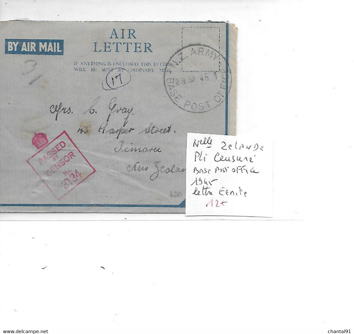 NOUVELLE ZELANDE PLI CENSURE BASE POST OFFICE LETTRE ECRITE 1945 - Briefe U. Dokumente