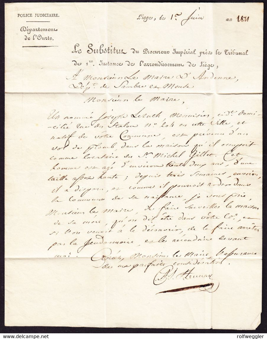 1811 Dépt. Conquis. Faltbrief Mit Stempel "P.96P.LIEGE" Police Judiciaire. Dépt. Ardenne. - 1794-1814 (Période Française)