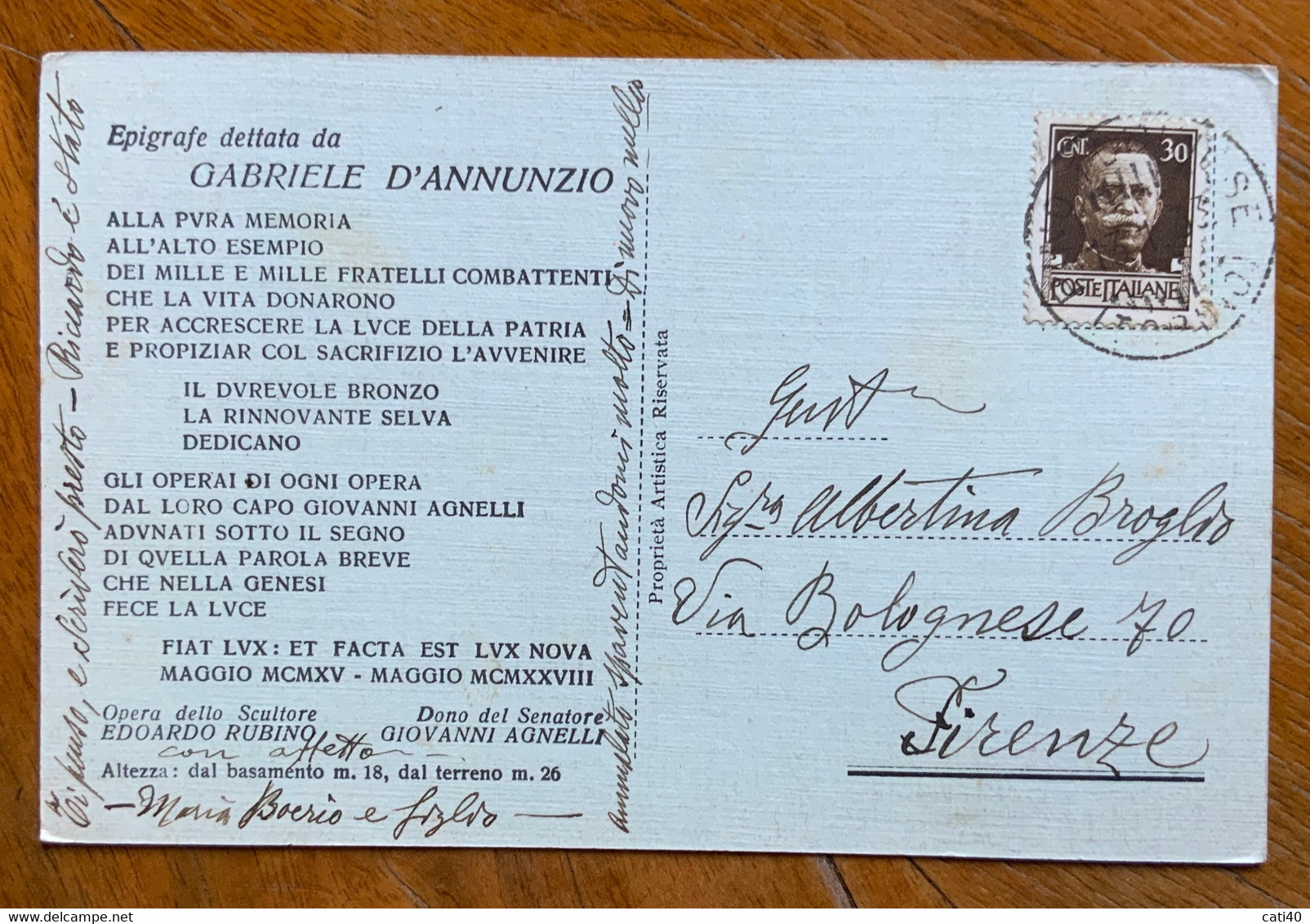TORINO - FARO MONUMENTALE DELLA VITTORIA - CON EPIGRAFE DI GABRIELE D'ANNUNZIO - Per ALBERTINA BROGLIO FIRENZE - Musées