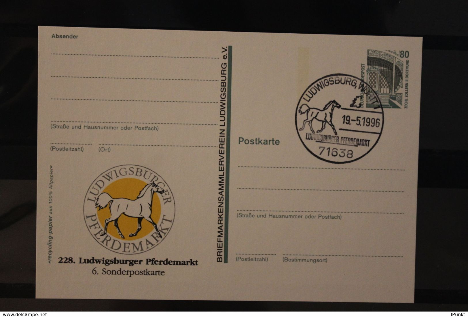 Deutschland 1996;  228. Ludwigsburger Pferdemarkt, Wertstempel Sehenswürdigkeiten, SST - Cartes Postales Privées - Oblitérées