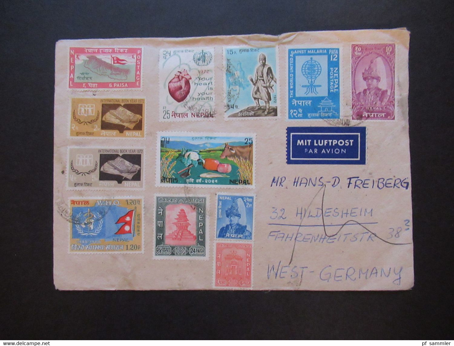 Nepal 1960er Jahre Luftpost / Air Mail Beleg Mit 12 Marken Auslandsbrief Von Kathmandu Nepal Nach Hildesheim - Népal