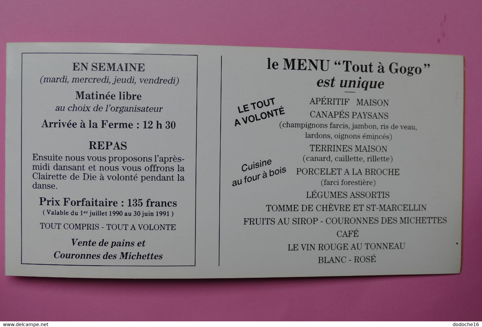 DOUBLE CARTE - Auberge La Ferme Des Michettes - COUCY Le CHATEAU - Repas 135 Francs - Schilder