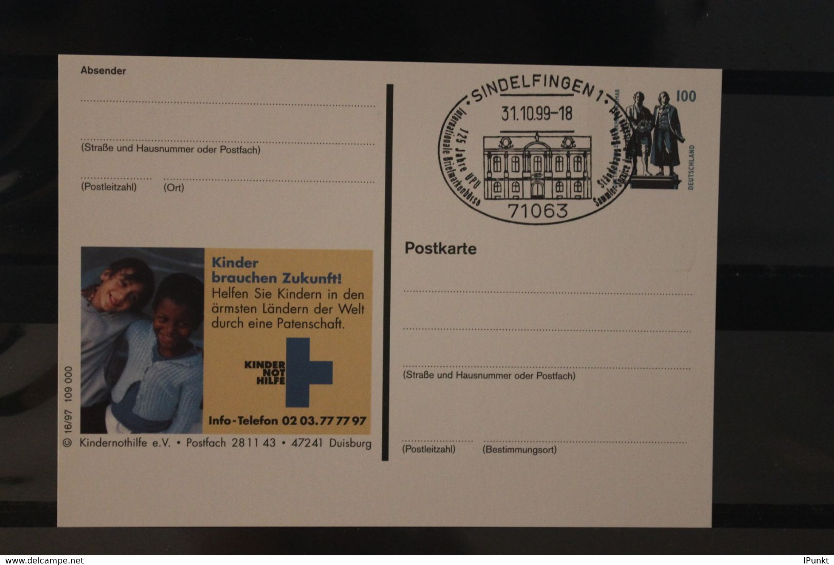 Deutschland 1999, Ganzsache Kindernothilfe, Wertstempel Sehenswürdigkeiten; SST UPU - Cartes Postales Privées - Oblitérées