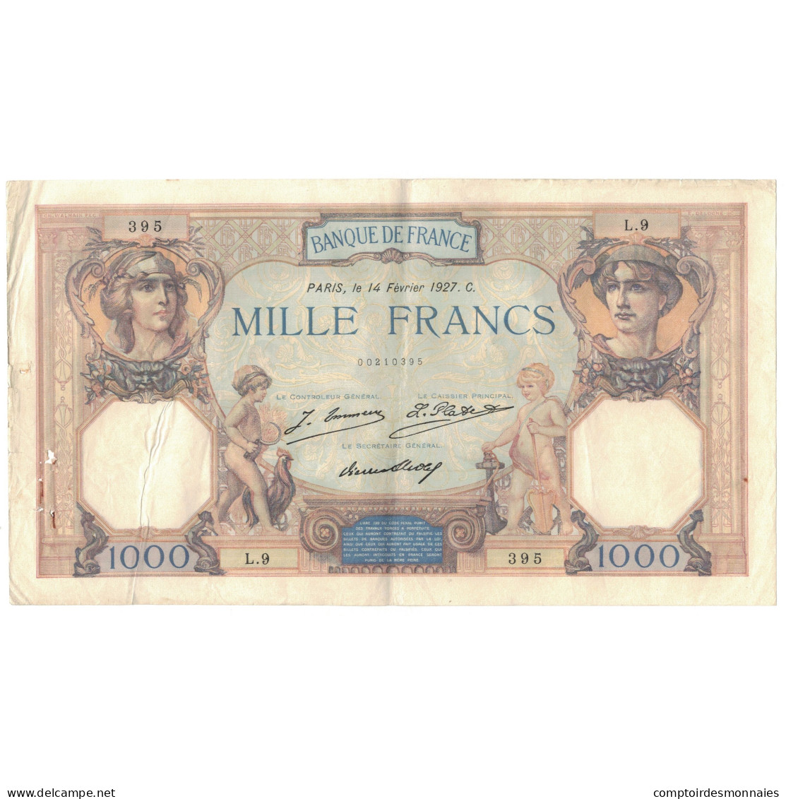 France, 1000 Francs, Cérès Et Mercure, 1927, L.9, TB+, Fayette:37.01, KM:79a - 1 000 F 1927-1940 ''Cérès Et Mercure''