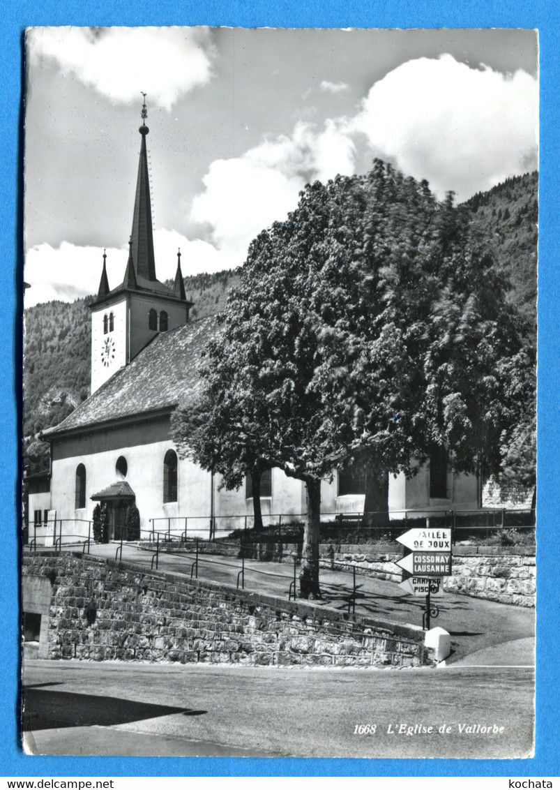 OV810, Eglise De Vallorbe, Panneau Indicateur Vallée De Joux Cossonay Lausanne, Camping Piscine, 1668, GF, Non Circulée - Cossonay