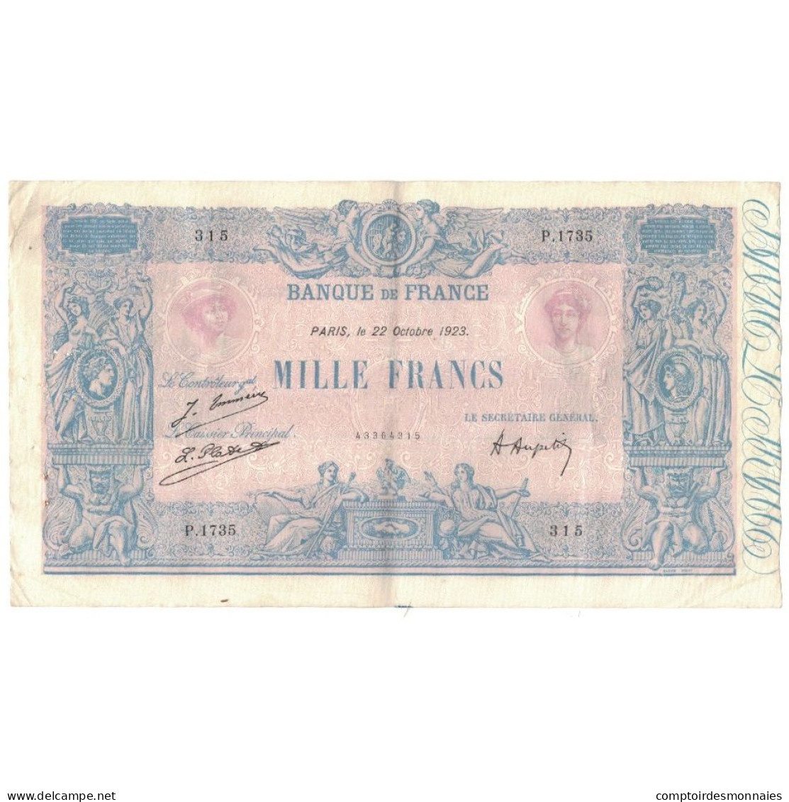 France, 1000 Francs, Bleu Et Rose, 1923, P.1735, TTB, Fayette:36.39, KM:67j - 1 000 F 1889-1926 ''Bleu Et Rose''