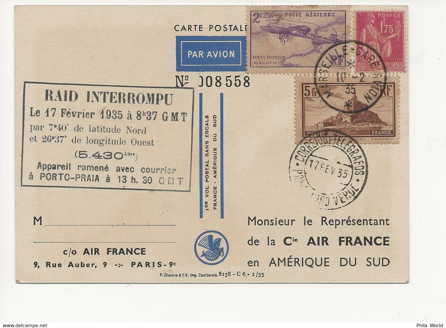 AIR FRANCE RAID INTERROMPU 1935 PREMIER VOL POSTAL SANS ESCALE CODOS ROSSI - Avions